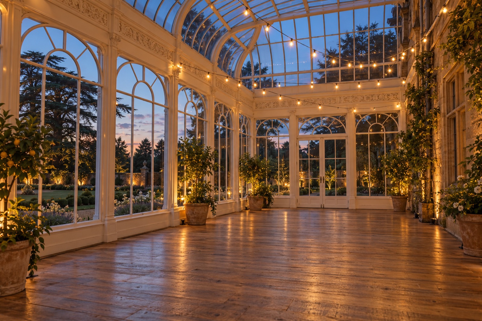 The white iron and glass Orangery at dusk, empty, with festoon lights over an oak floor and citrus trees in pots.