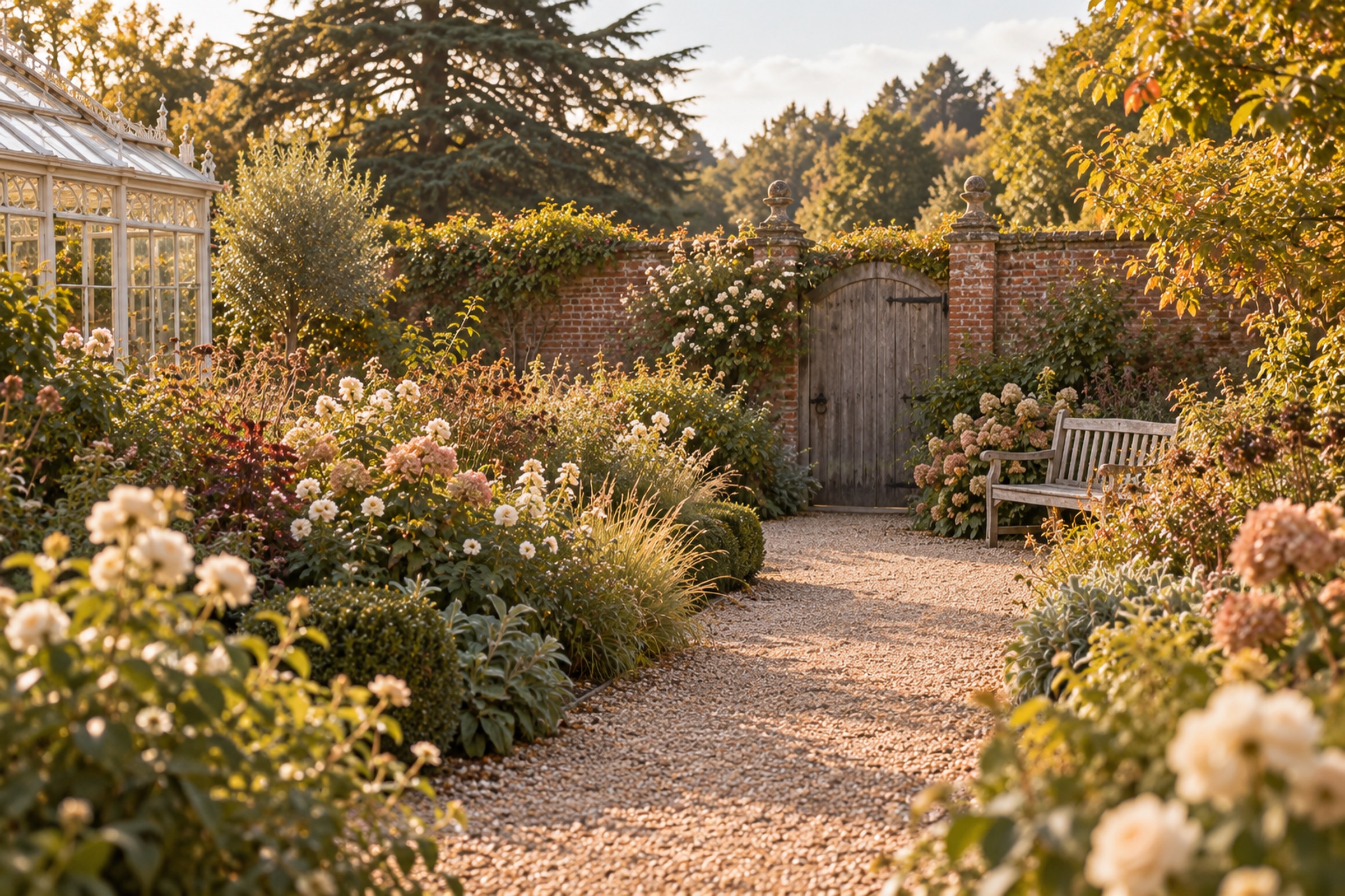 The red-brick walled garden in late afternoon light: deep borders, a gravel path, a bench and an old wooden gate.