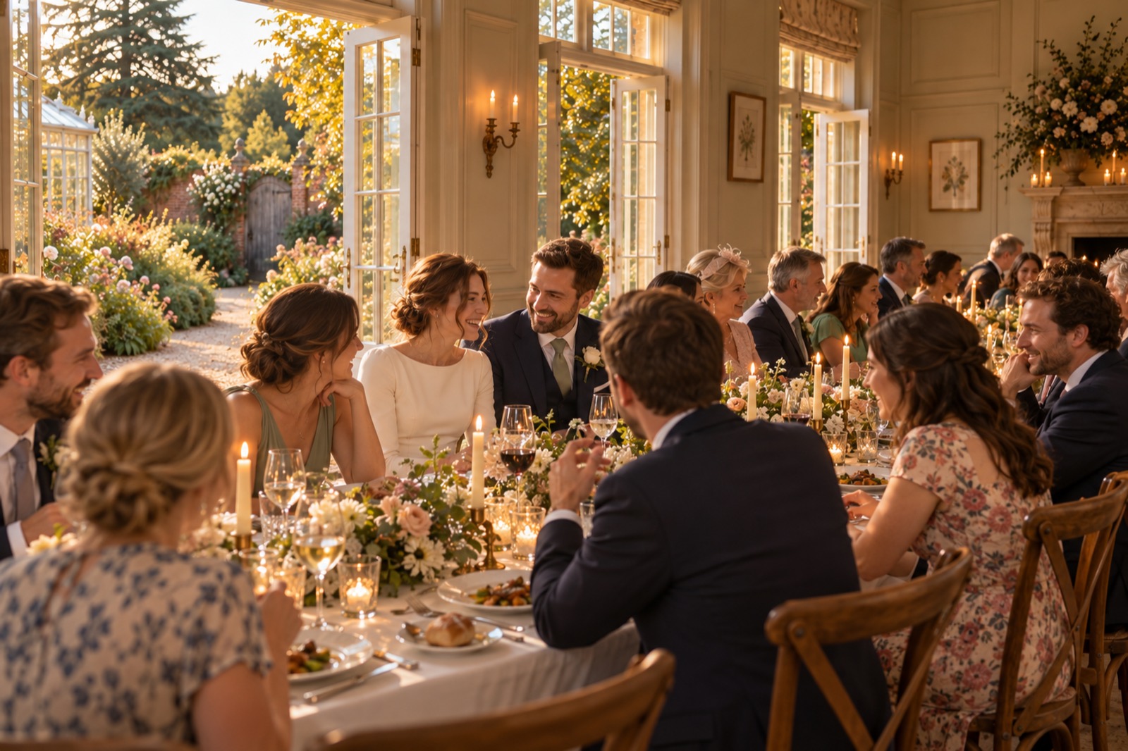Guests laughing over dinner at long candlelit tables in the Garden Room, the bride and groom at the centre.