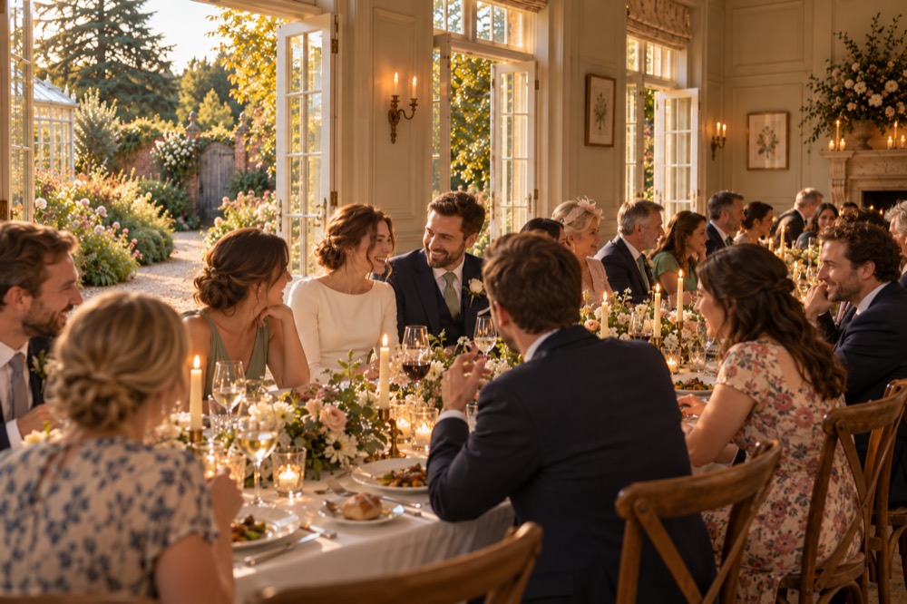 Guests laughing over dinner at long candlelit tables in the Garden Room, the bride and groom at the centre.