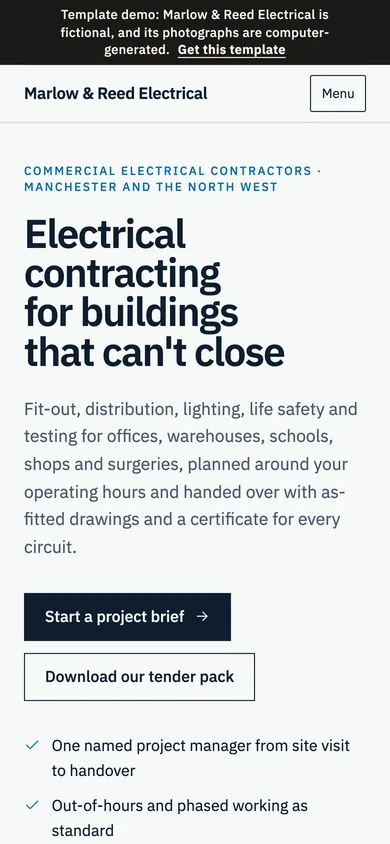 The same home page on a phone, with 'Start a project brief' first.