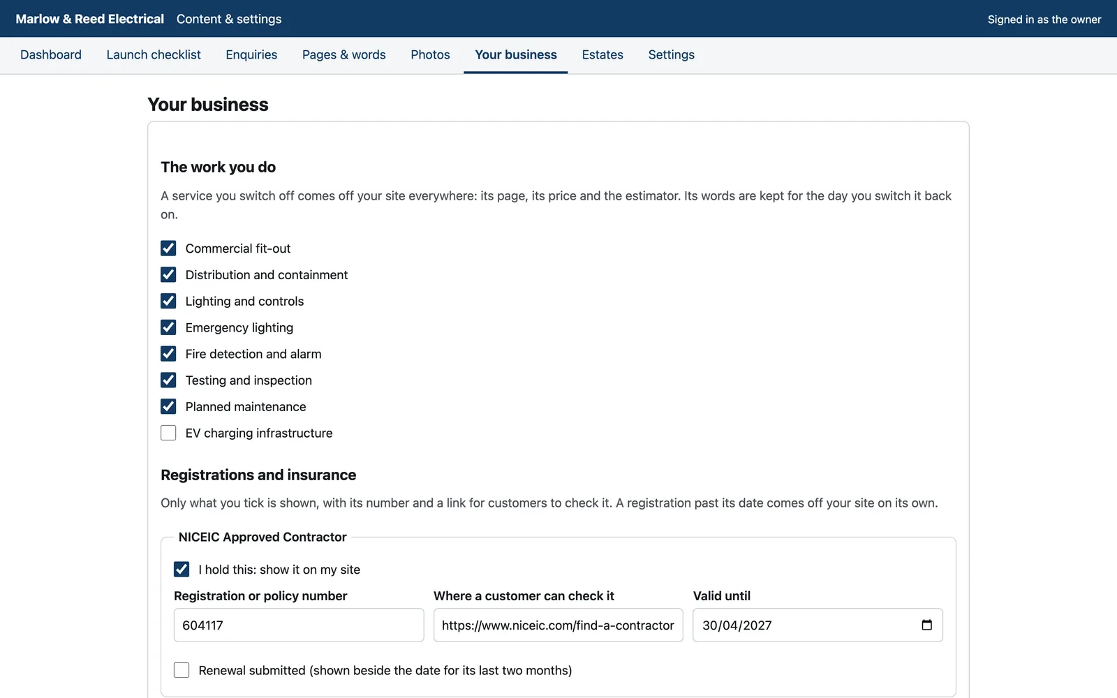 Your CMS: Every word and photo, the services you offer, your accreditations with their numbers and dates, and the tender pack's documents, edited by you.