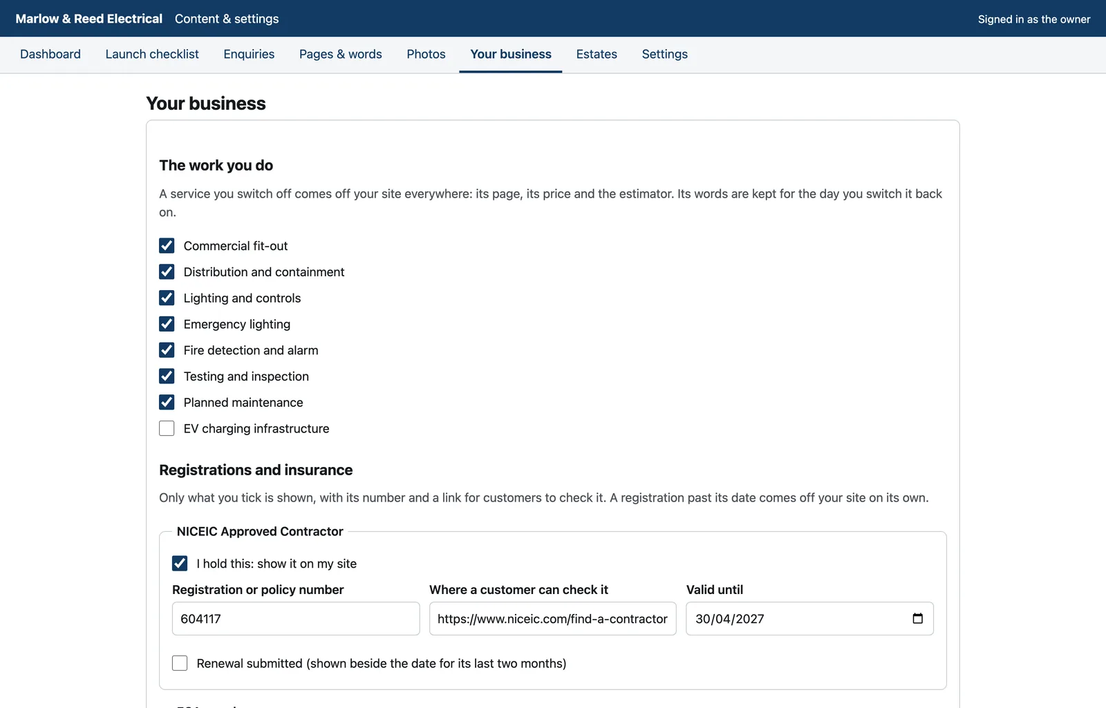 The CMS's Your business screen: the services offered, ticked, and each accreditation with its number, the link to check it and the date it runs to.