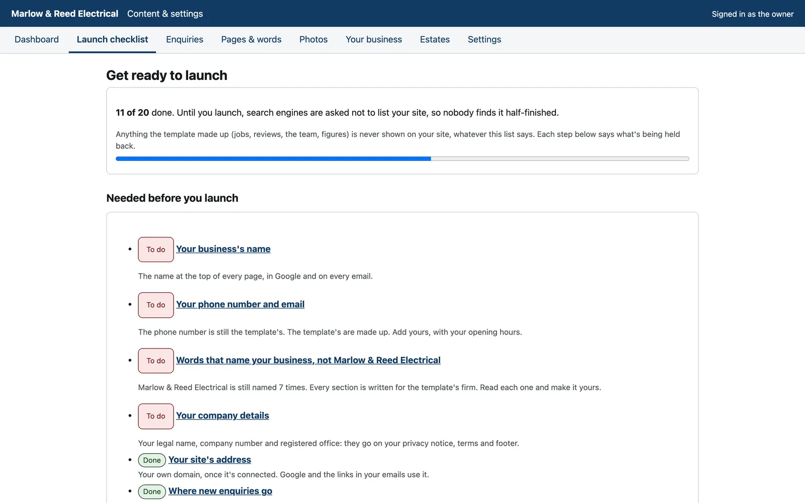 The launch checklist in the CMS: what's needed before launch, such as the firm's own name and contact details, with each step's progress.
