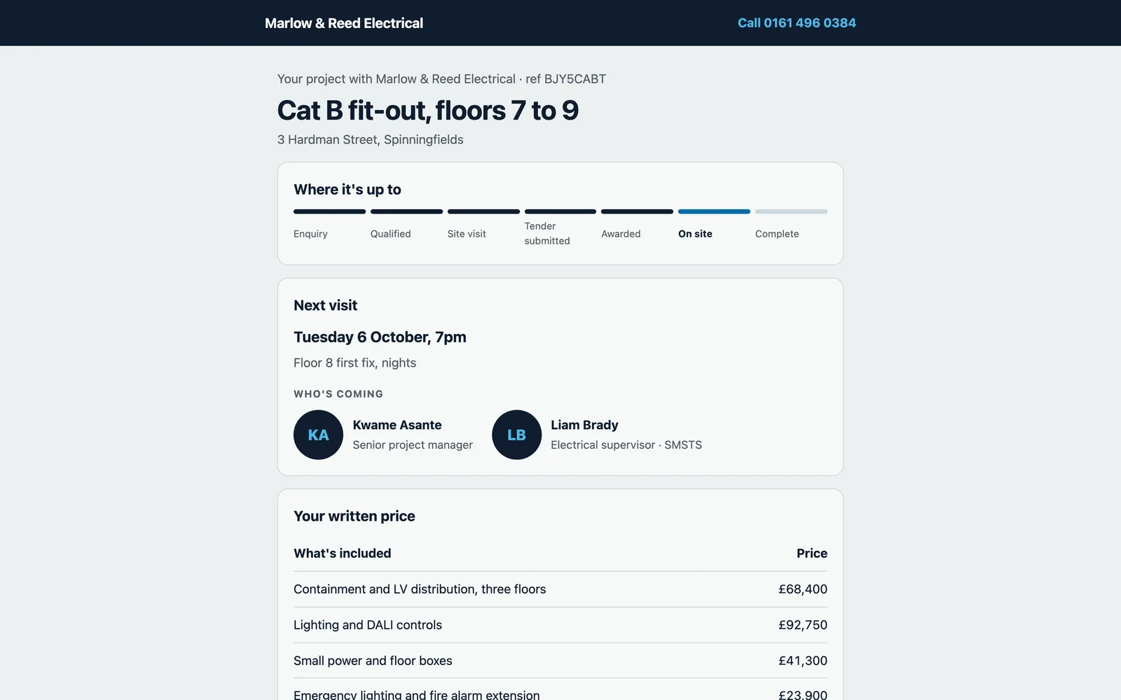 A client's private project page: where the fit-out is up to, the next visit on nights and who's coming, and the written price line by line.