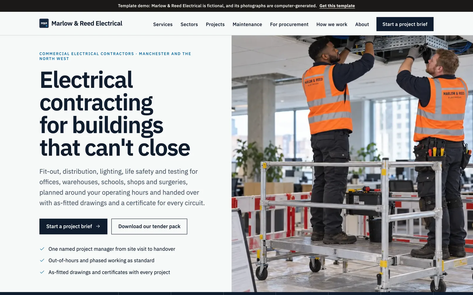 Your website: Fifteen kinds of page for facilities managers, main contractors and procurement teams, with a page for every service, sector and project you add.