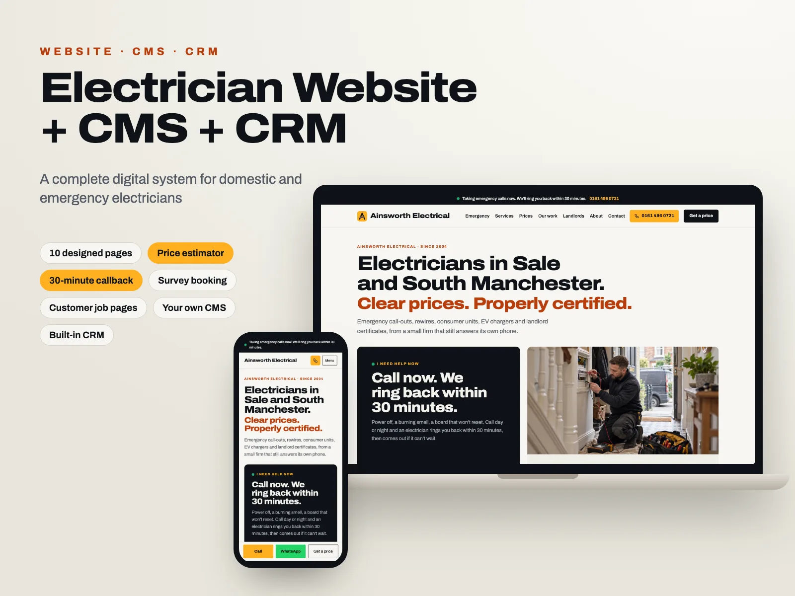 Electrician Website + CMS + CRM: the website, CMS and CRM.