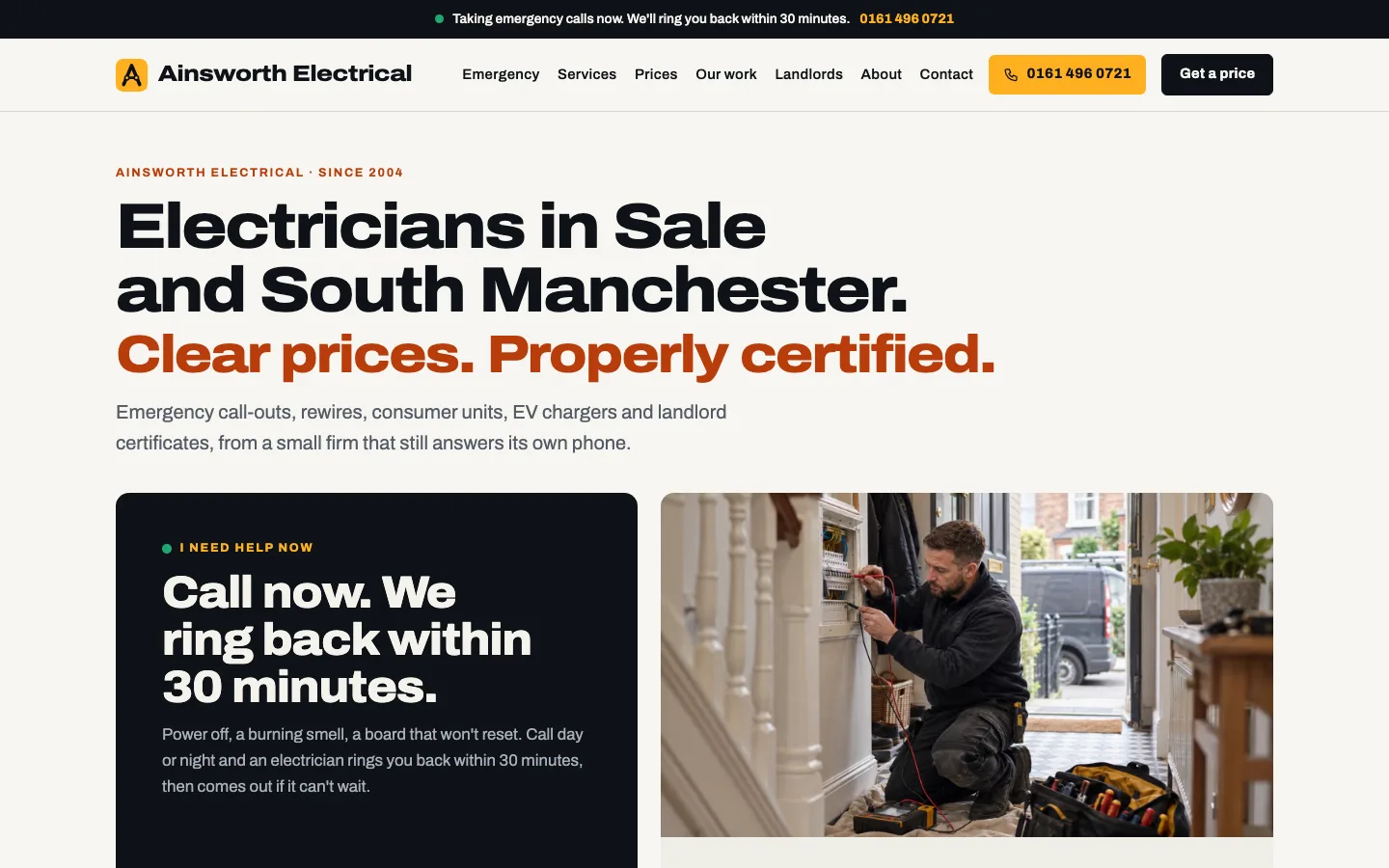The demo firm's home page: 'Electricians in Sale and South Manchester. Clear prices. Properly certified.', with a call-now panel for emergencies beside a photo of an electrician at work.