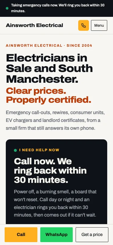 The same home page on a phone, with the call button in reach.