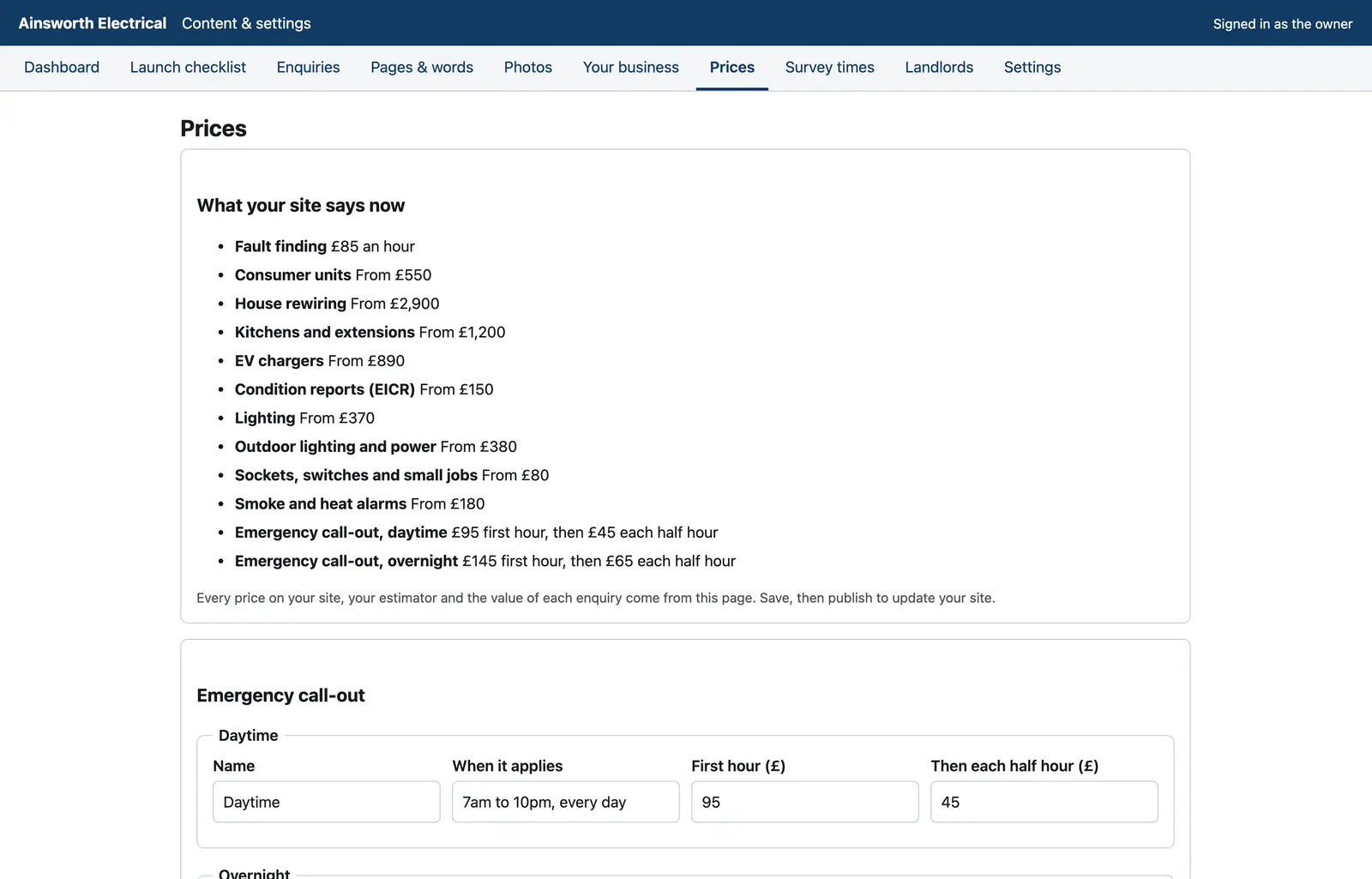 The CMS prices tab: daytime and overnight call-out rates, jobs priced by the hour or after a survey, and the start of the estimator.
