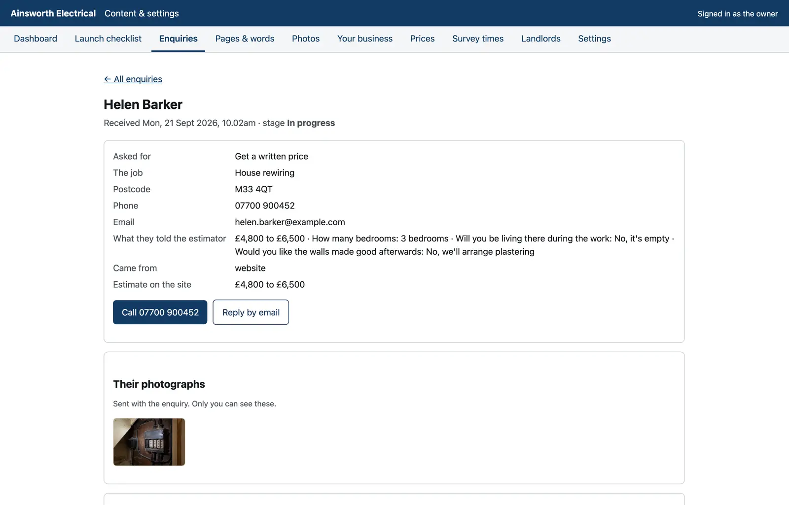 Your CRM: Every callback, survey and quote with the job, the postcode, the estimate and their photos.