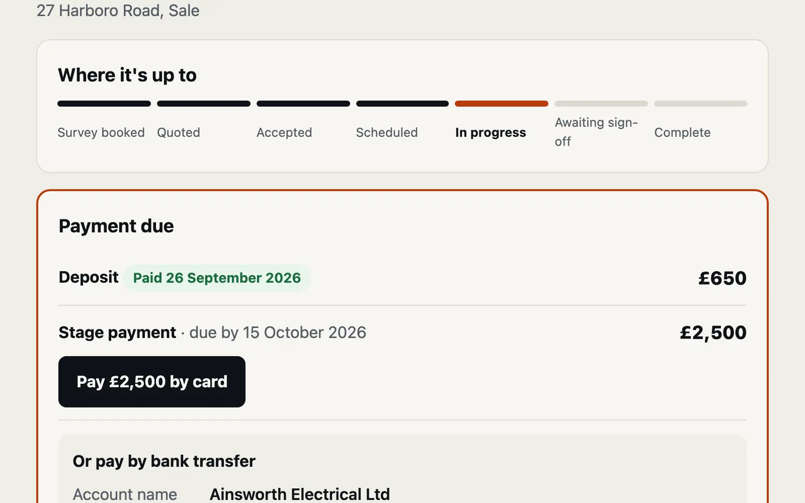 A page for every job, signed off online: the demo business's page.