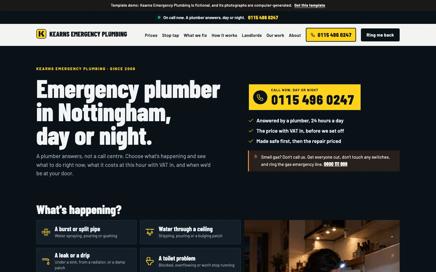 The demo plumber's home page at night: 'Emergency plumber in Nottingham, day or night', the number on a hi-vis plate, and 'What's happening?' with eight problems to choose from.