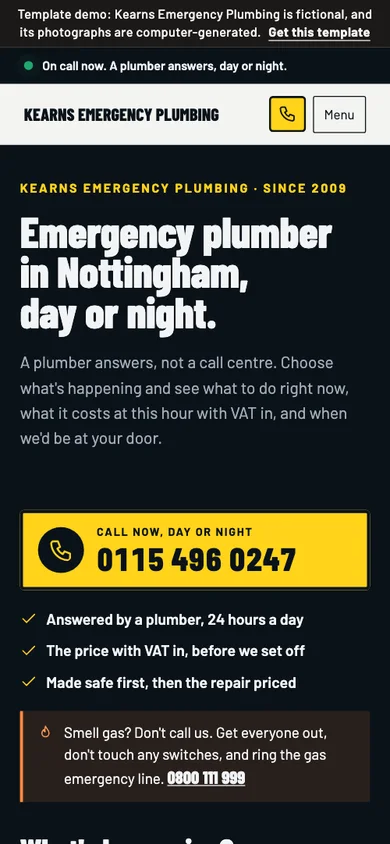 The same home page on a phone: the heading, the number to call on its hi-vis plate and the gas line.