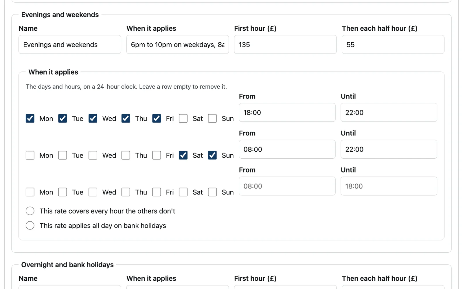 The CMS's Prices screen: the evenings and weekends rate, its first hour and half hour, and the days and hours it applies on a 24-hour clock.