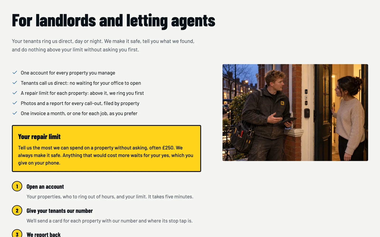 The landlords page: tenants call direct, a repair limit for each property, and a report for every call-out filed by property.