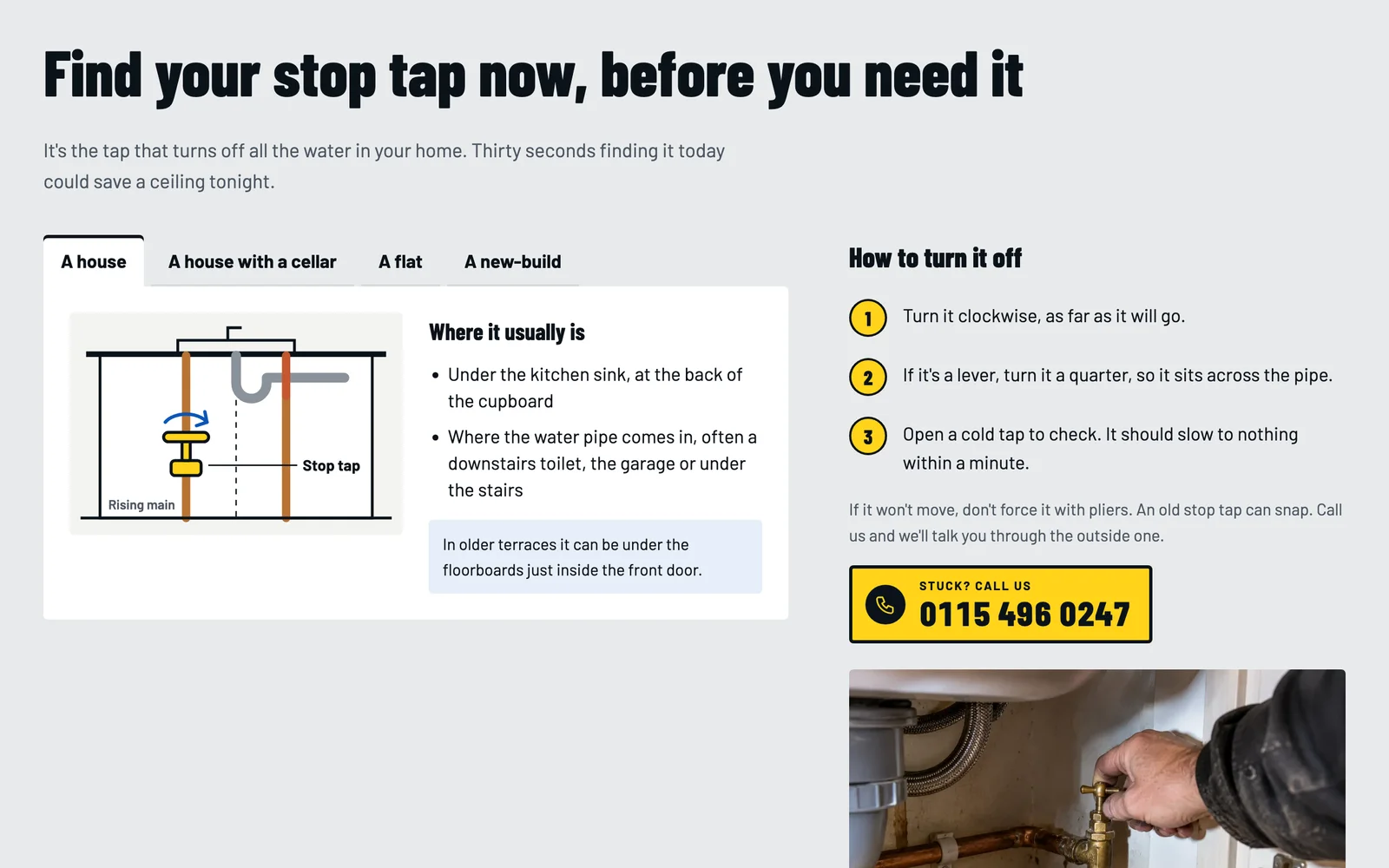 The stop tap page: tabs for a house, a cellar, a flat and a new-build, a drawing of a stop tap under a kitchen sink, where it usually is, and how to turn it off.