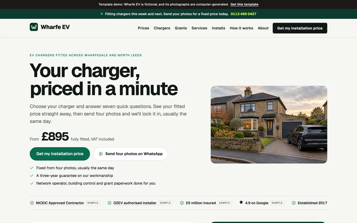 The demo installer's home page: 'Your charger, priced in a minute', from £895 fully fitted, two buttons and a row of registrations and reviews, beside a stone semi with a car on the drive.