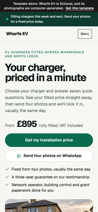 The same home page on a phone: the heading, from £895 fully fitted and the two buttons.