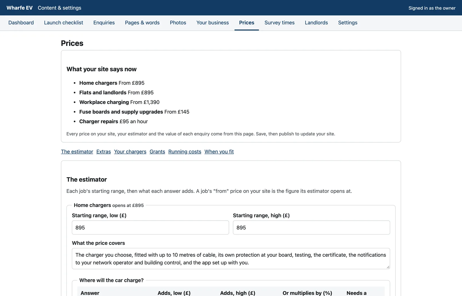 The CMS's Prices screen: what the site says now for each service, and the estimator's starting price with what it covers.
