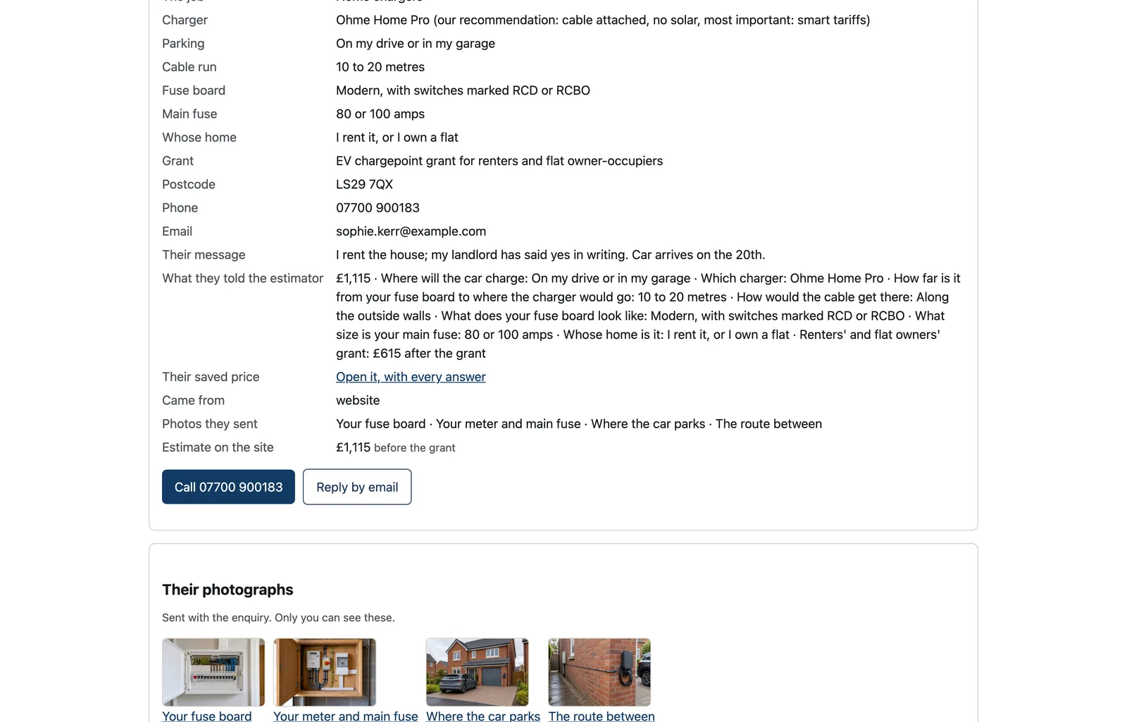 A CRM record: a home charger enquiry with each configurator answer on its own line, the renters' grant, the price after the grant, and the four photos the customer sent.