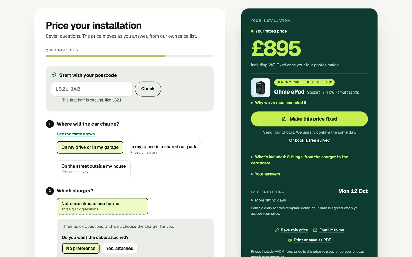 The configurator: the postcode check and questions, with 'Not sure: choose one for me' chosen; beside it, £895 on a dark green card, the Ohme ePod recommended with its photo, and the earliest fitting day.
