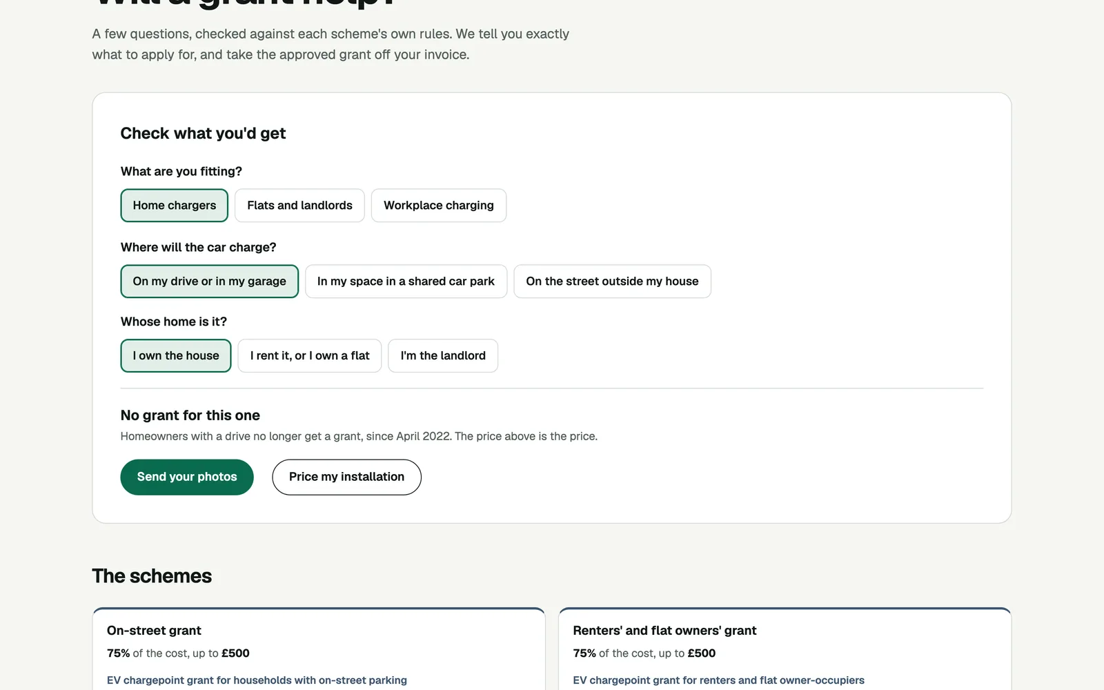 The grant checker: what they're fitting, where the car charges and whose home it is, with the answer below and each scheme's terms.