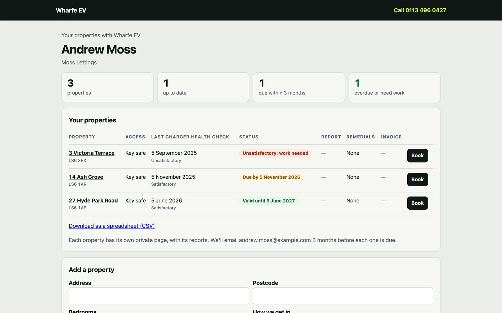 A landlord's private page: three properties, each with its last charger health check, its status and a button to book.