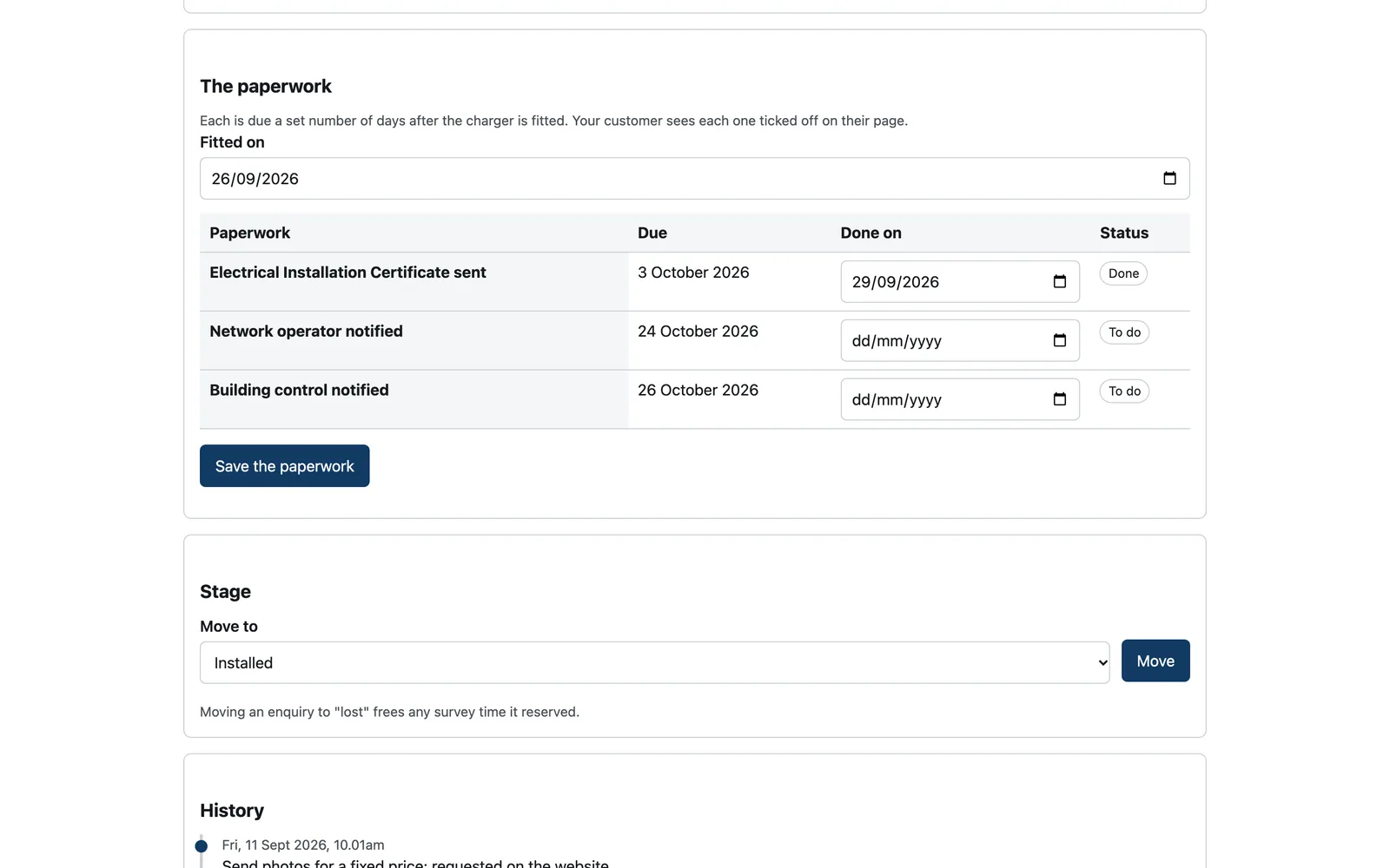 The paperwork on a CRM record: the day the charger was fitted, then the certificate, network operator and building control notices, each with its due date and status.