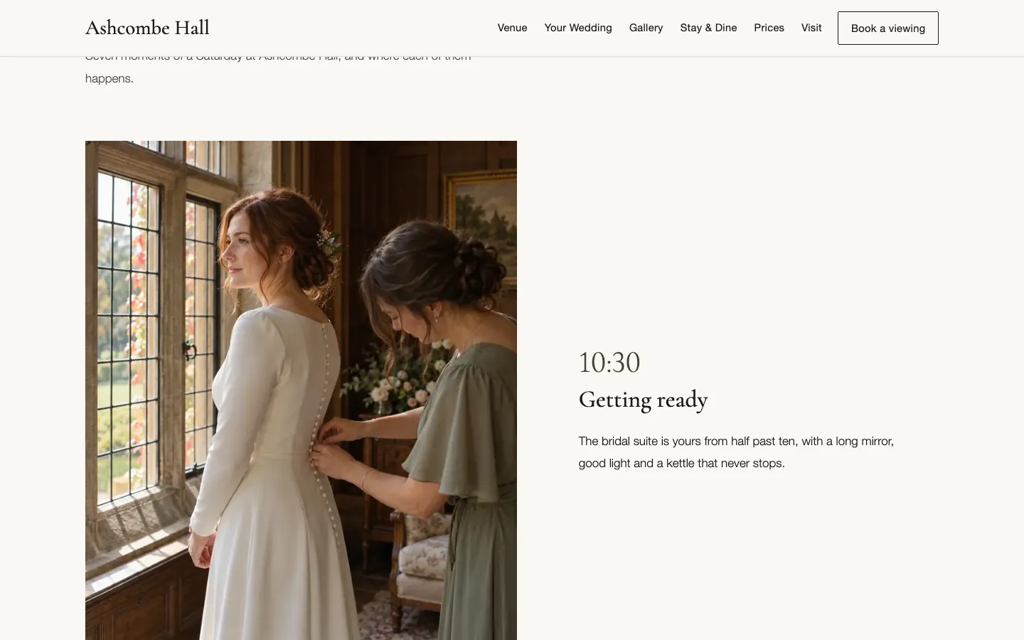 The wedding day page: 'Getting ready' at 10:30 with a photograph of the bride by a leaded window.