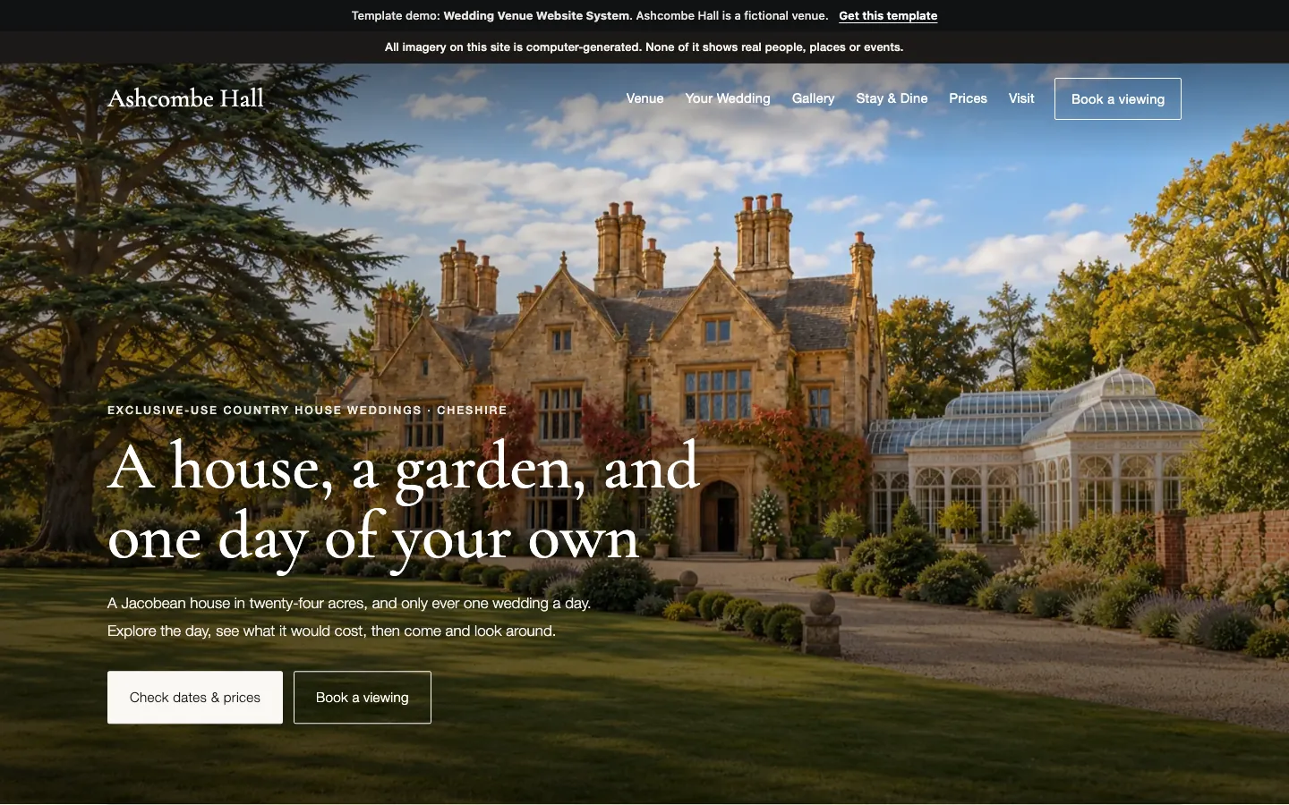 The demo venue's home page: a honey-stone country house across a lawn, with the headline 'A house, a garden, and one day of your own'.