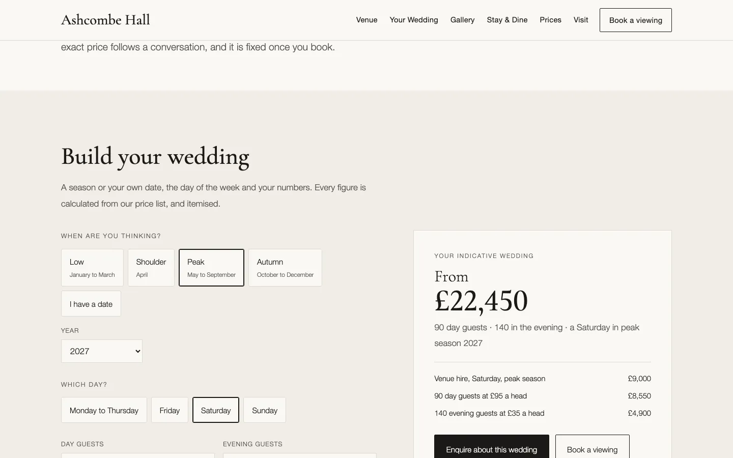 The price builder: seasons, day of the week and guest numbers, with an itemised 'From £22,450' estimate.